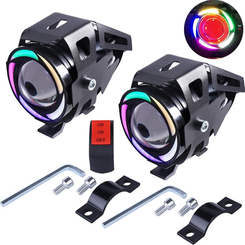 PAKRYS Motorcycle LED Fog Lights U7 Spotlight with High Low Strobe Beam Halo Rings White Central with Halo U7 LED Running DRL Switches Clamps Universal Spotlights Driving Lights 2 Packs (Colorful) - Image 1